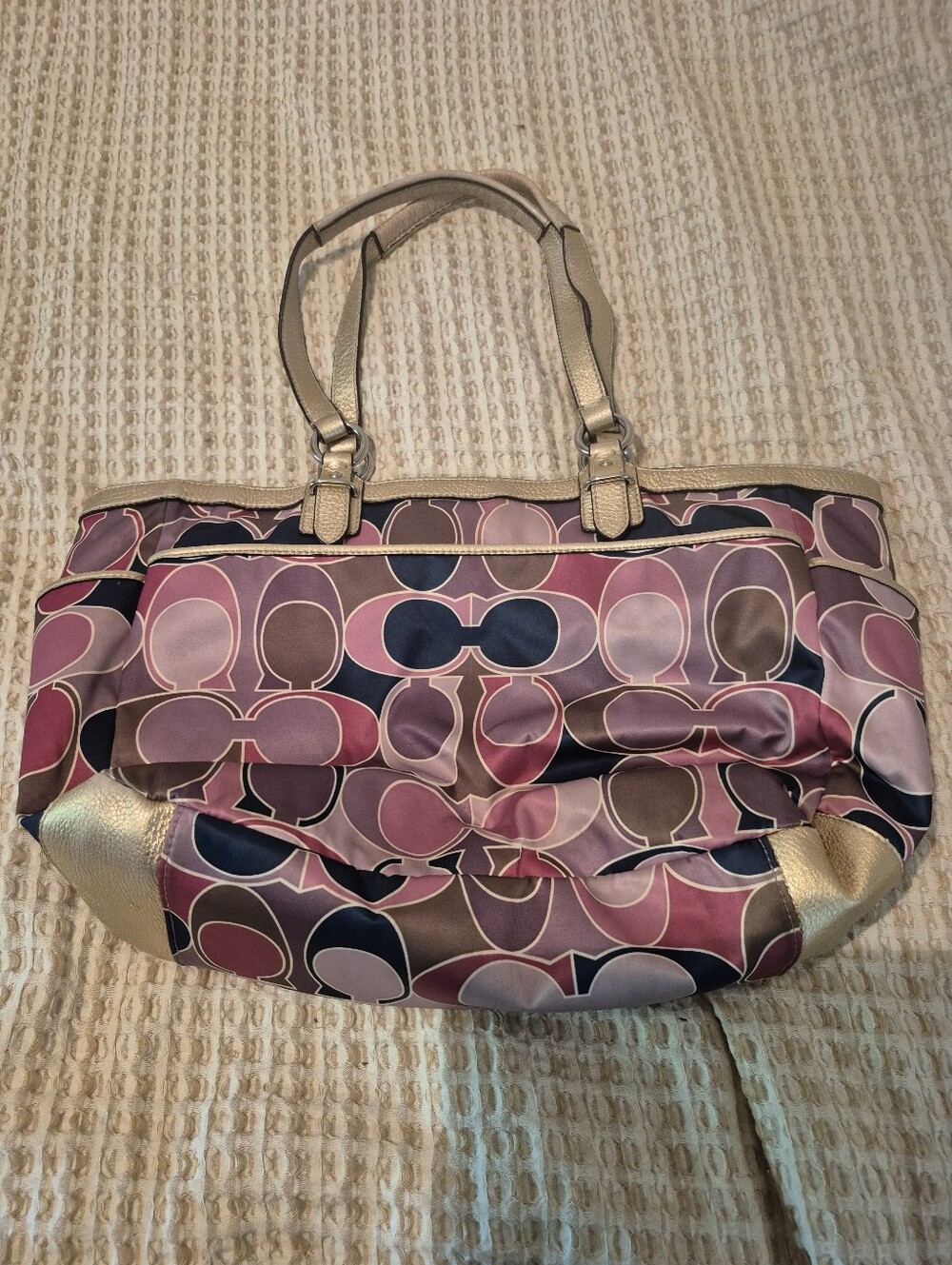 Coach Pink Multi-Pattern Tote with Gold Trim